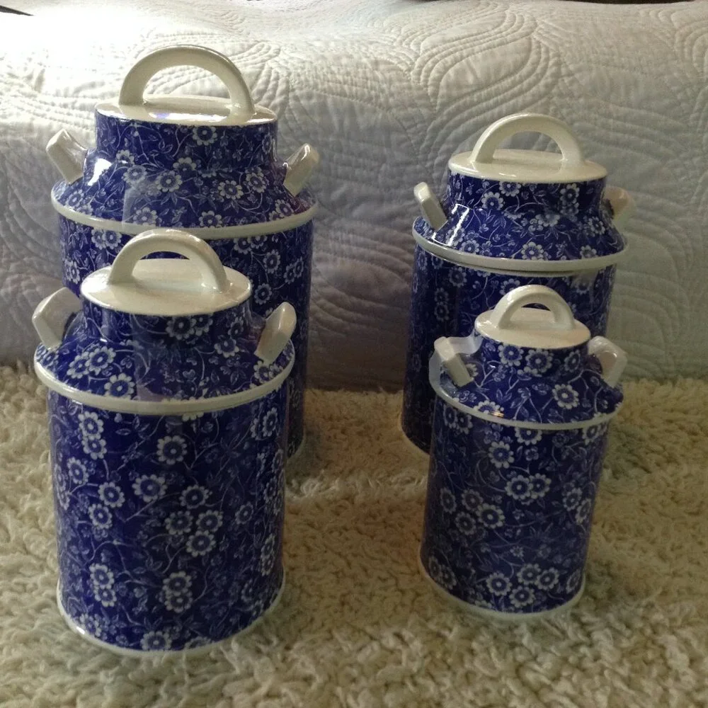 VTG Blue and White Canisters; Chintz Pattern, Glazed ceramic, Traditional, 4 Pc.